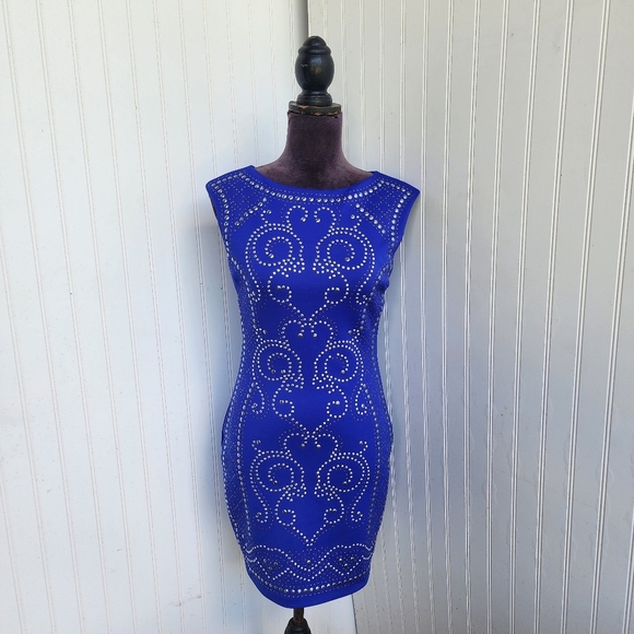 Speechless Junior's Formal Dress Blue Stretch Studded Bodycon Mini Sleveless  5 - Picture 1 of 16